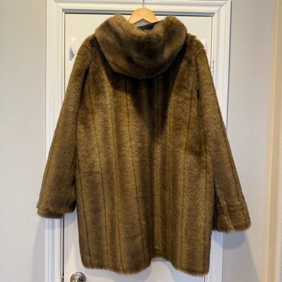 Dennis Basso Reversible Coat Black Brown Faux Suede Faux Fur Hooded Sz Large - Picture 6 of 9